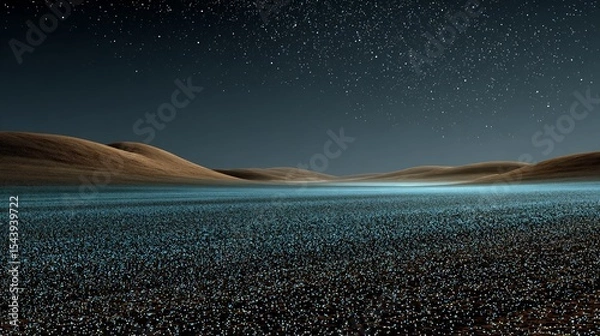 Fototapeta Night desert landscape bioluminescent sand particles glowing under starlight surreal dry terrain with mysterious shimmer