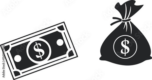 Obraz Black and White Money Illustration – Single Dollar Bill on Left and Tied Money Bag with Dollar Sign on Right – Minimalist Wealth and Finance Symbol for Logos, Business Graphics, and Financial Design