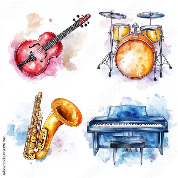 Obraz Set of 4 musical instruments in colorful watercolor style -Vol. 1 