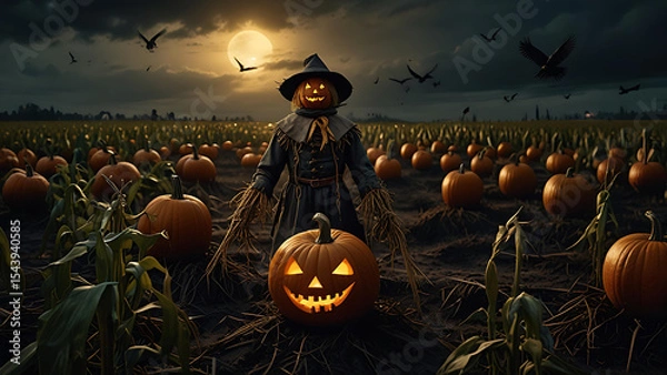 Fototapeta A pumpkin-headed scarecrow with glowing eyes, standing in a dark cornfield under stormy skies, surrounded by crows with human eyes.