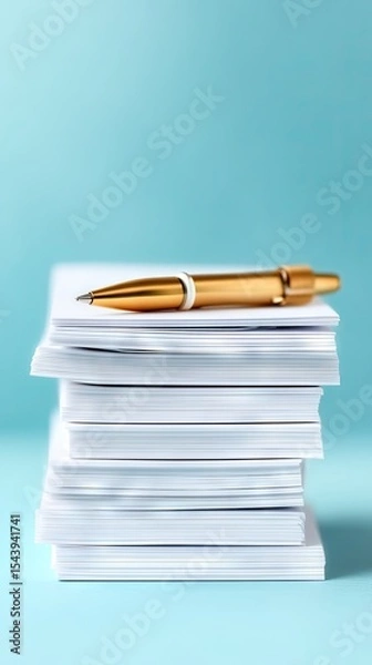 Obraz Gold Pen on Stack of White Notepads Against Light Blue Background