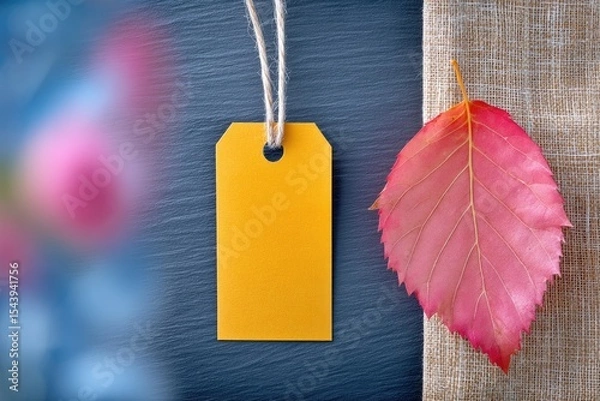 Obraz Gold Tag with Red Leaf on Burlap Background