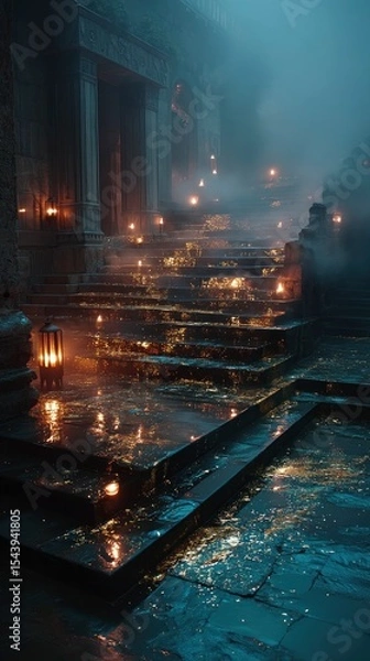 Obraz Golden Ambient Fog Lifting Off Wet Stone Steps