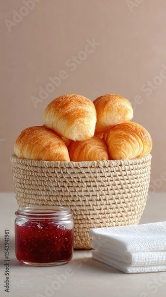Obraz Golden Croissants in Wicker Basket with Jam and Napkins