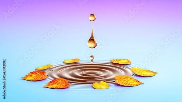 Obraz Golden Drop Falling into Still Water with Autumn Leaves