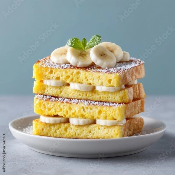 Obraz Golden French Toast Stack with Banana Slices and Powdered Sugar