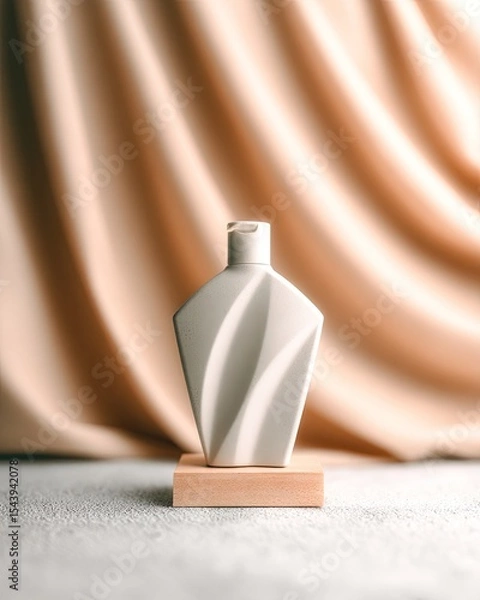 Obraz Elegant Grey Shampoo Bottle on Wooden Stand Against Beige Fabric