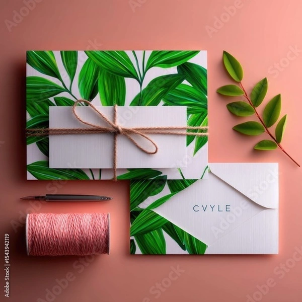Fototapeta Elegant Invitation Mockup with Twine Bow and Tropical Leaves