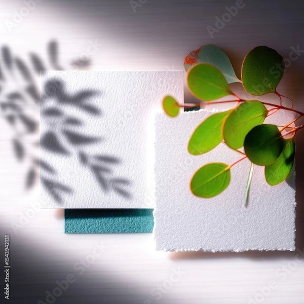Obraz Elegant Letterpress Stationery on Textured Surface with Eucalyptus