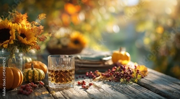 Fototapeta Sunlit autumnal table setting with whiskey, sunflowers, pumpkins, and berries on rustic wood