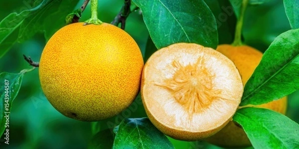 Obraz A bright yellow fruit, possibly a citrus fruit, sliced open to reveal its juicy pulp.