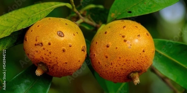 Obraz Close-up of two vibrant orange fruits, likely tropical, hanging from a leafy branch.