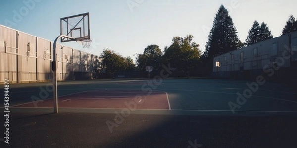 Obraz A serene basketball court bathed in the warm light of a late afternoon, ready for play.