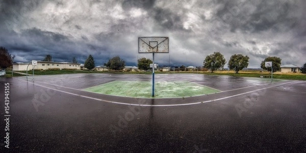Obraz A basketball court under a brooding sky, suggesting a heavy rainstorm.