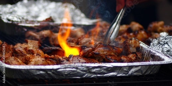 Obraz Juicy grilled meat sizzling over flames, ready to be served at a barbecue.