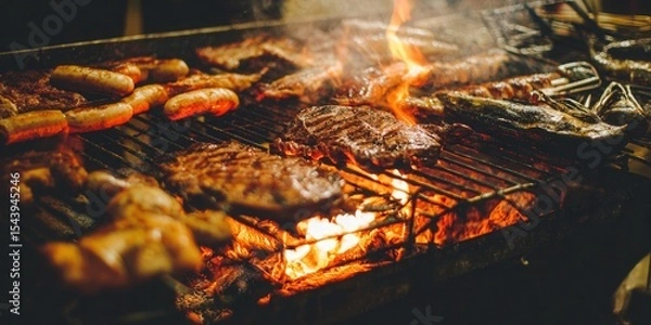 Obraz A mouthwatering display of grilled meats sizzles over an open fire, inviting a feast.