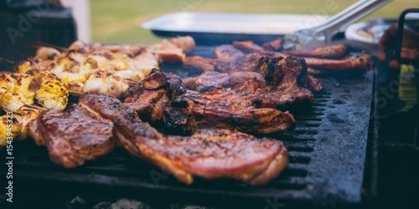 Obraz Delicious grilled meats sizzle on a hot charcoal barbecue, ready for a summer feast.