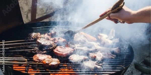 Obraz Meat sizzling on the grill, ready for a summer barbecue gathering with friends and family.