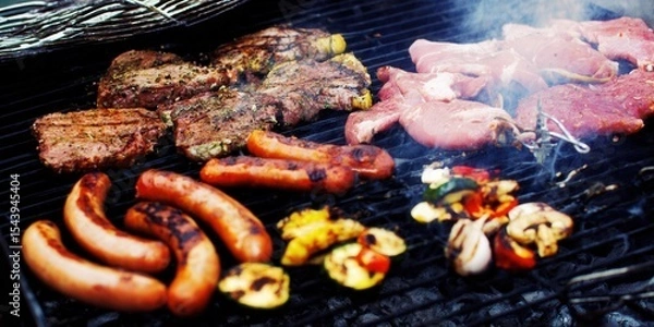 Obraz A barbecue grill sizzling with steaks, sausages, and fresh vegetables, perfect for a summer cookout.