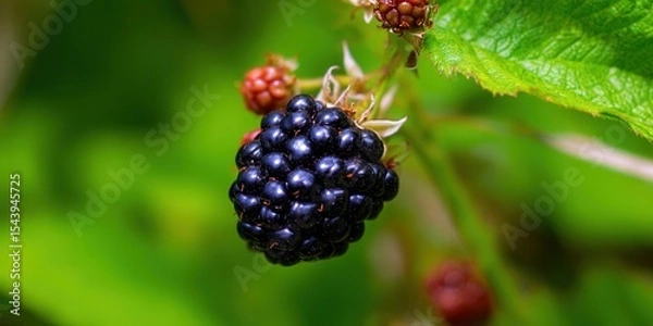 Obraz A close-up shot showcasing a ripe, juicy blackberry cluster on a branch, ready for harvest.