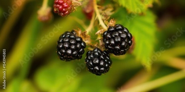 Obraz Juicy blackberries hang from a branch, showcasing their ripe, dark, and delicious fruit in a lush garden setting.