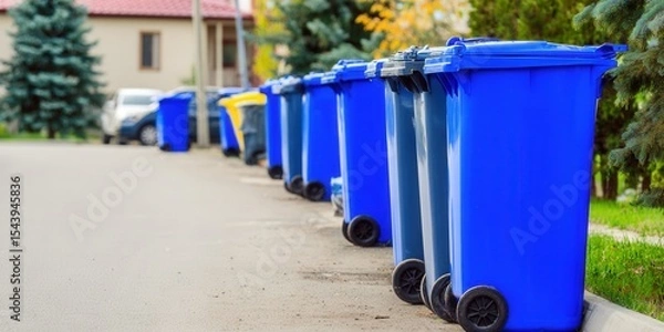 Obraz Several blue recycling bins neatly placed along the side of a residential street for collection.