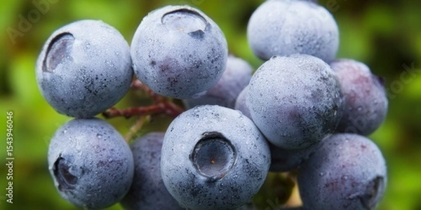 Obraz A close-up of fresh blueberries, glistening with morning dew in a natural setting.