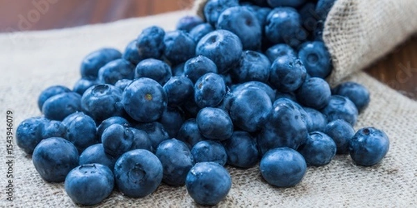 Obraz Ripe blueberries spilling from a rustic sack on a burlap background.