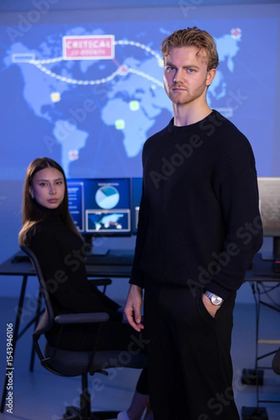 Fototapeta Male Cybersecurity Analyst and his team in Cyber Security Operation Center SOC handling Threats.