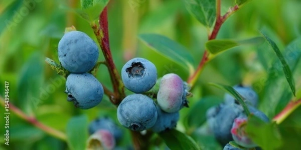 Obraz Delicious, ripe blueberries hanging on the branch with green leaves, ready to be picked.