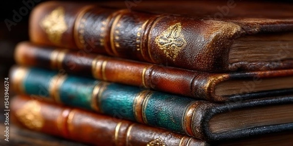 Obraz A stack of beautifully bound antique books with leather covers and gold accents.
