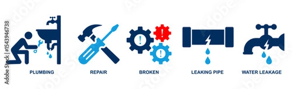 Fototapeta plumbing and repairing icon set. technician repairing damage, broken or leaking pipeline, water leakage, repairing icons for print. bathroom problem fix. 
