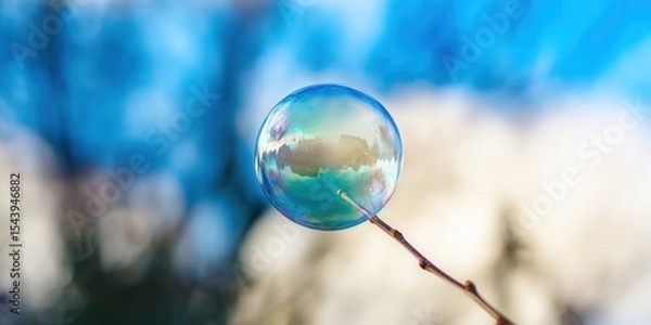 Obraz A vibrant soap bubble reflects the sky while held by a delicate twig.