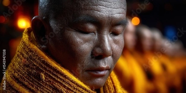 Obraz Close-up of a meditating Buddhist monk with closed eyes in deep contemplation.