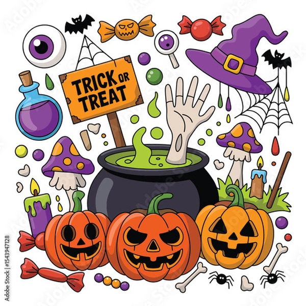 Obraz Fun Halloween Cartoon Set with Pumpkins, Witch Hat, Cauldron, Bats, and Candy Elements
