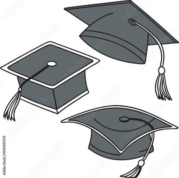 Obraz Set of Three Black Graduation Caps – Classic Mortarboards with Square Tops and Tassels Shown at Varying Angles – Academic Achievement Symbols for Education Logos, Graduation Decor, and Graphic Design
