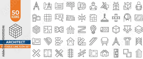 Fototapeta Architect & Interior Design Icon Set – 50 Editable Line Vectors for Plans, Drafting & Construction. Editable Stroke. Vector illustration.