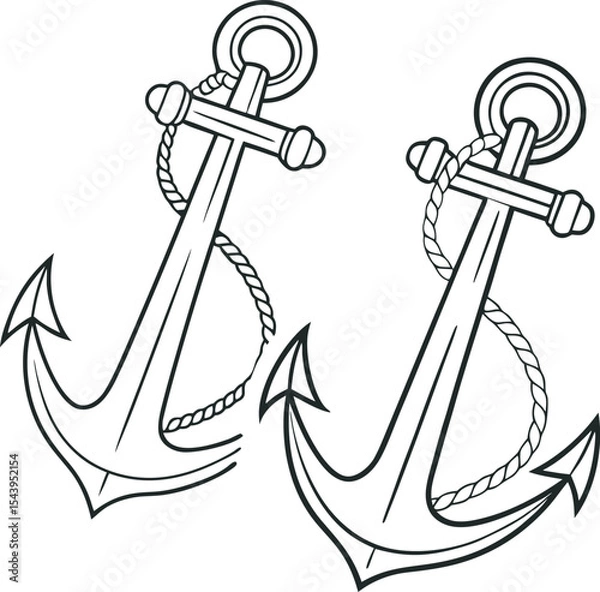 Obraz Vintage Nautical Anchor Illustration – Two Overlapping Anchors with Central Shanks, Rounded Loops, and One Wrapped in Coiled Rope – Classic Black Outline Marine Design for Logos, Tattoos, Decorative