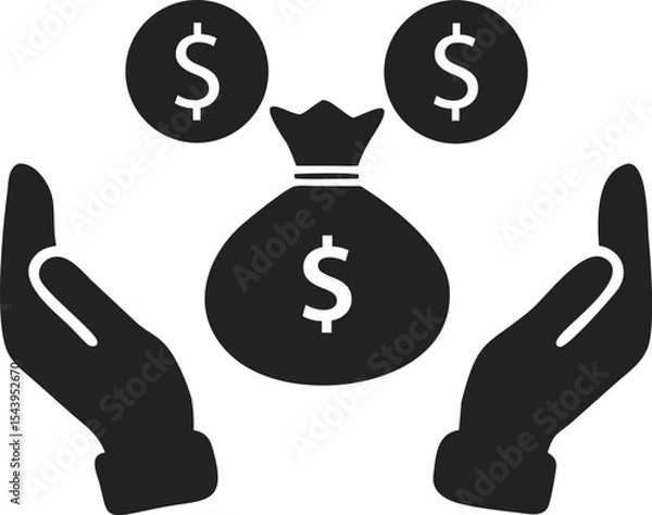 Obraz Black Finance Icon Illustration – Two Hands Holding a Money Bag with Dollar Sign and Floating Coins – Solid Silhouette Design Representing Wealth, Investment, and Financial Security