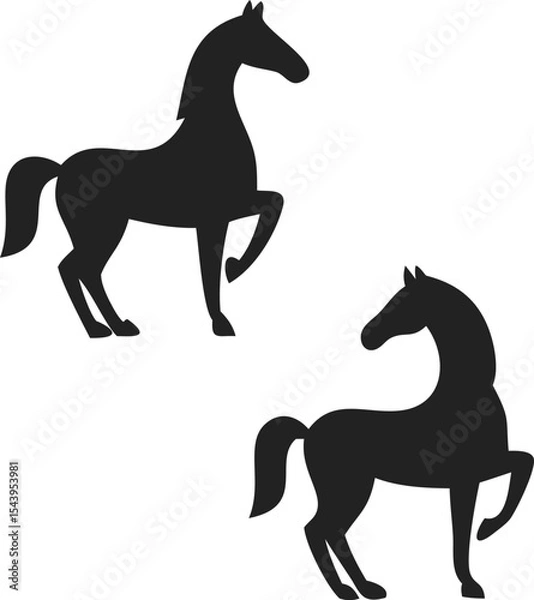 Obraz Two Stylized Black Horse Silhouettes – One Rearing Horse and One in Calm Standing Pose with Flowing Manes and Tails – Elegant Equine Vector Art for Logos, Tattoos, Prints, and Decorative Designs