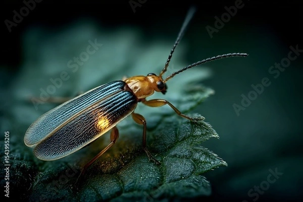 Fototapeta Close up of firefly resting a green leaf in low light emitting soft natural bioluminescence from its abdomen captured in a macro realistic setting