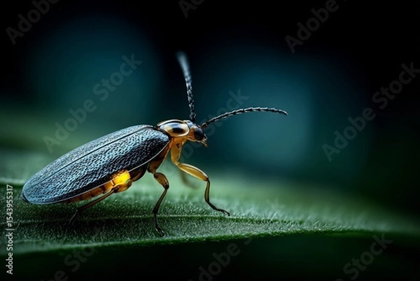 Fototapeta Close up of firefly resting a green leaf in low light emitting soft natural bioluminescence from its abdomen captured in a macro realistic setting