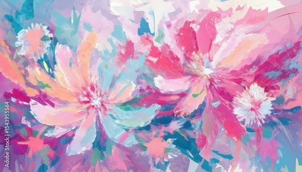 Fototapeta vibrant pastel floral abstraction with pink and turquoise brushstrokes for modern wall art and spring design projects
