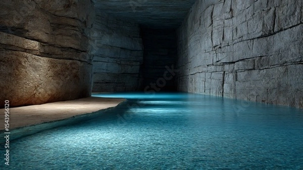 Fototapeta Cave pool soft blue bioluminescence glowing under the surface limestone walls and natural shadows in realistic lighting