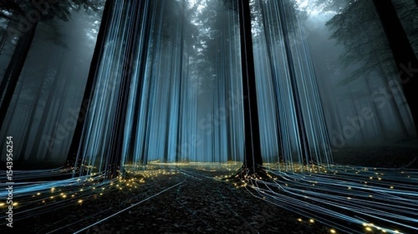 Fototapeta Blue ghost fireflies creating streaks of bioluminescence a dark Appalachian forest long exposure forest photography with true light patterns