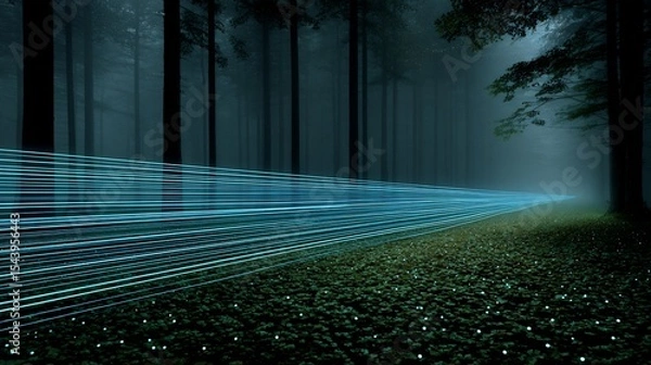 Fototapeta Blue ghost fireflies creating streaks of bioluminescence a dark Appalachian forest long exposure forest photography with true light patterns
