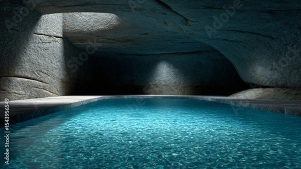 Fototapeta Cave pool soft blue bioluminescence glowing under the surface limestone walls and natural shadows in realistic lighting