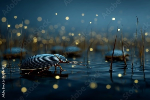 Fototapeta Bioluminescent water beetles glowing faintly shallow wetland pool at dusk realistic macro wildlife photography in native habitat