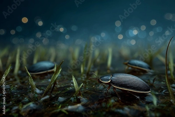 Fototapeta Bioluminescent water beetles glowing faintly shallow wetland pool at dusk realistic macro wildlife photography in native habitat
