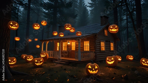 Fototapeta A swarm of flying jack-o'-lanterns attacking a small cabin in the woods, their mouths open with fire pouring out.